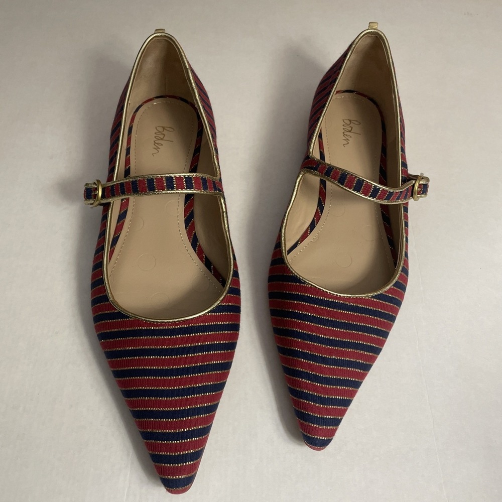 Boden Pointed Toe Mary Jane's Striped Strap Buckle Red Navy Gold Women's 10.5